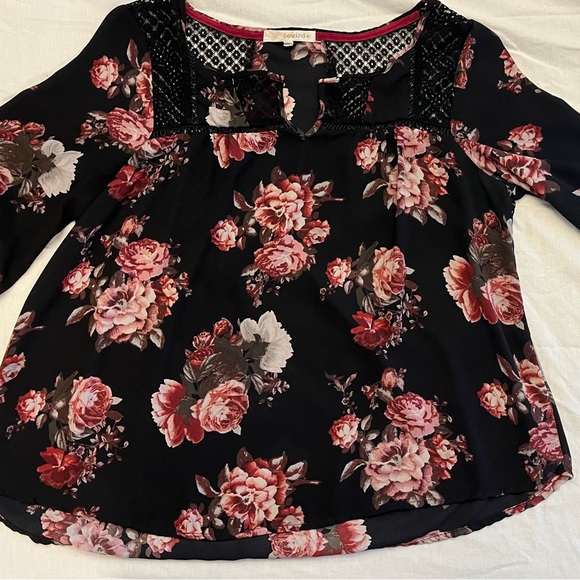 Rewind Women's Sheer Top, Black and Pink/Purple Floral, Lace Detail, Size Med - Picture 8 of 9